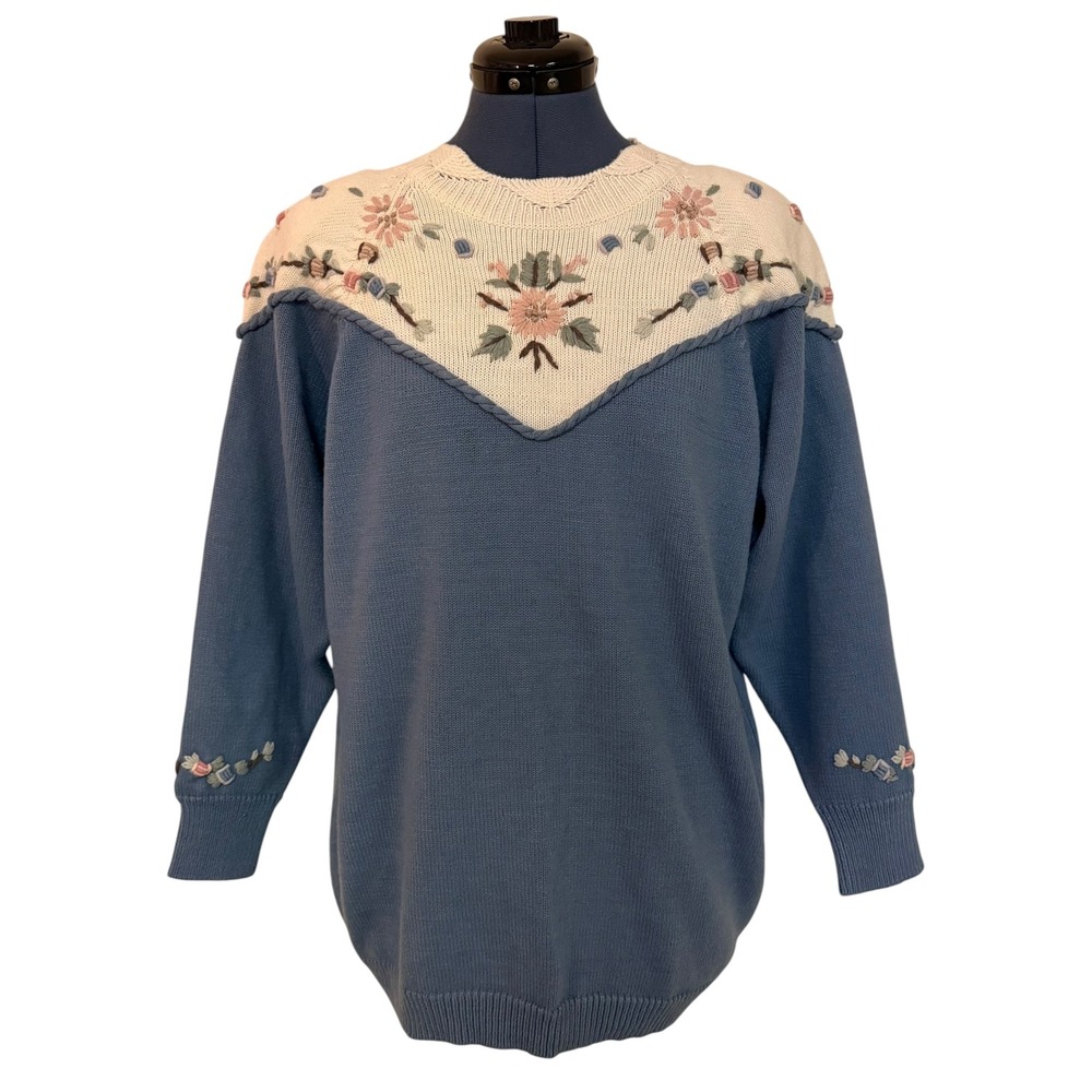 Vtg Dana Scott Floral Embroidered Sweater Blue Cream Cottage Grannycore Retro M